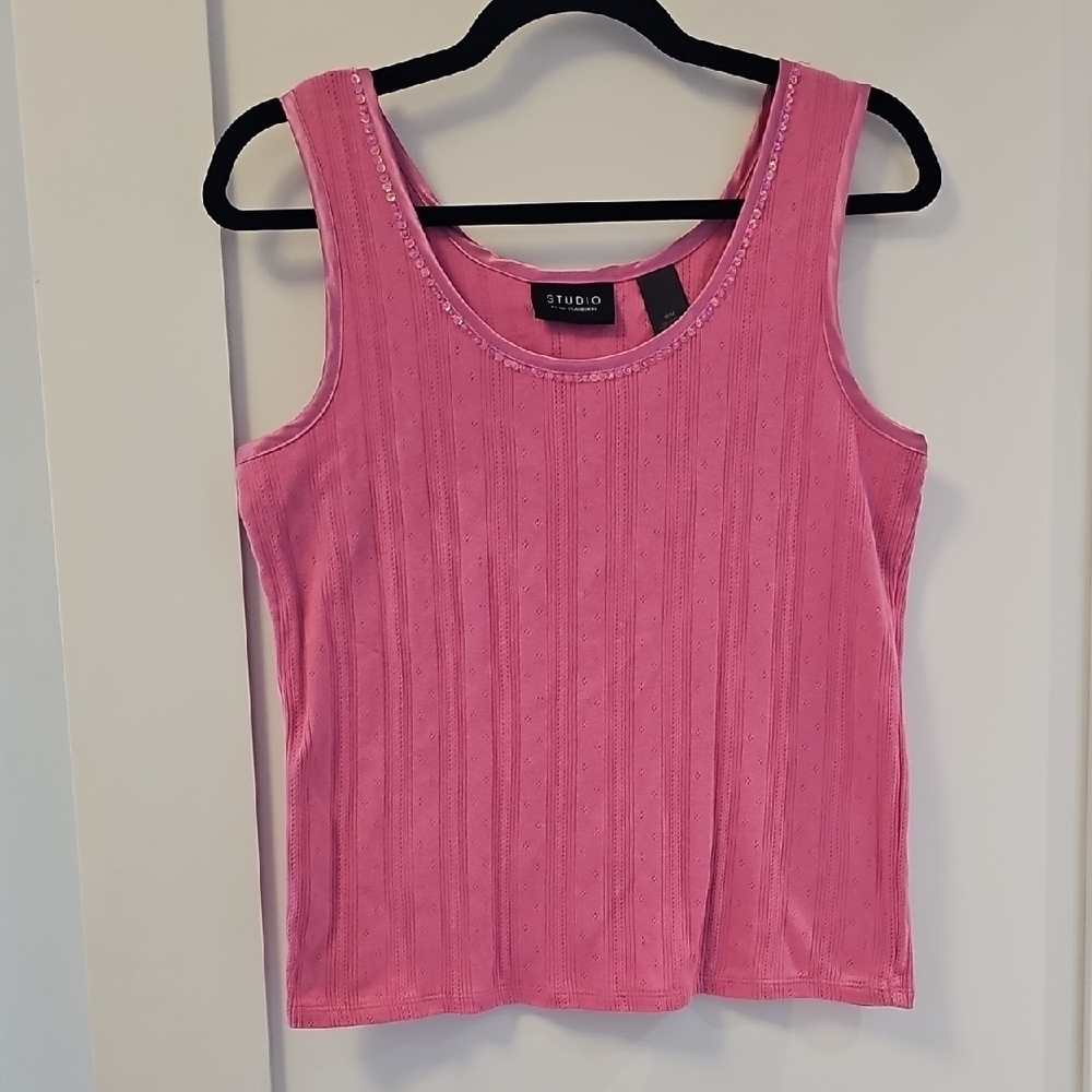 Studio By Liz Claiborne Pink Ribbed Fitted Tank Top 100% Cotton Size M